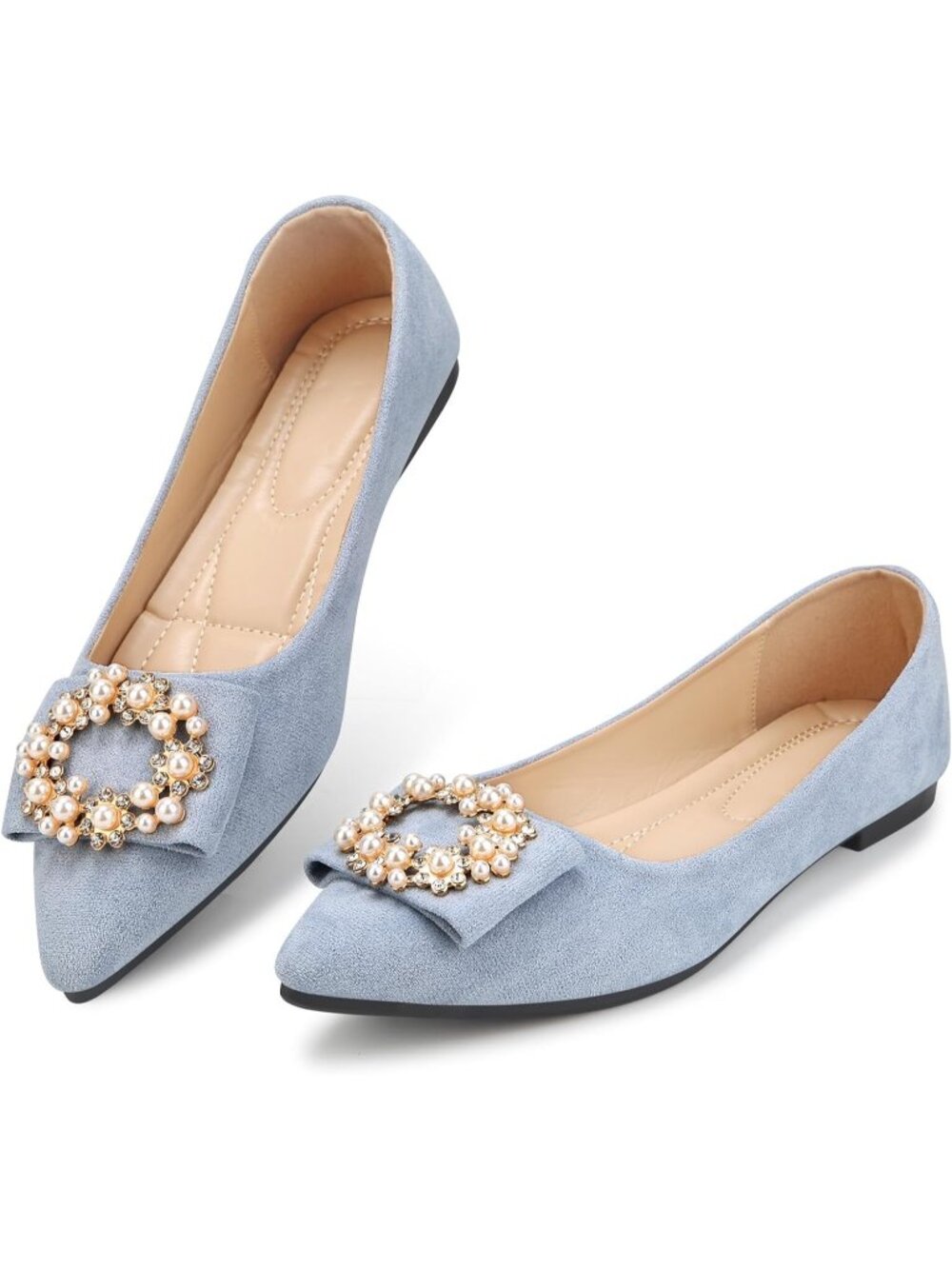 Women's Lake Blue Pointed Toe Pearl Flats Faux Suede Comfort Dress for Shoes